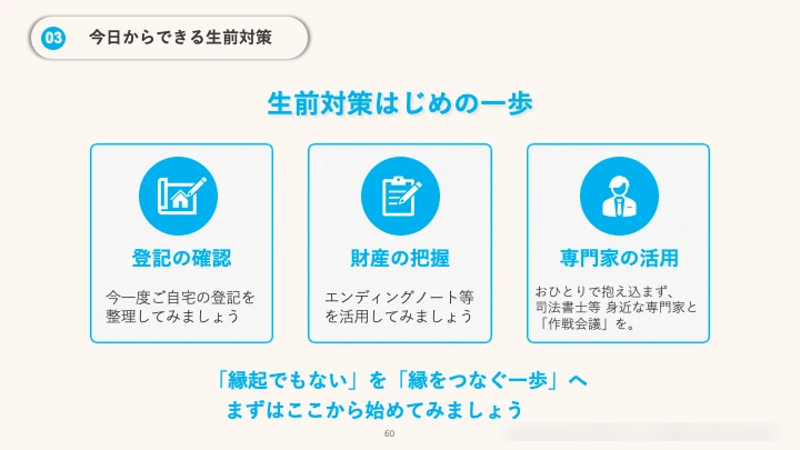 生前対策のはじめの一歩を説明するセミナースライド